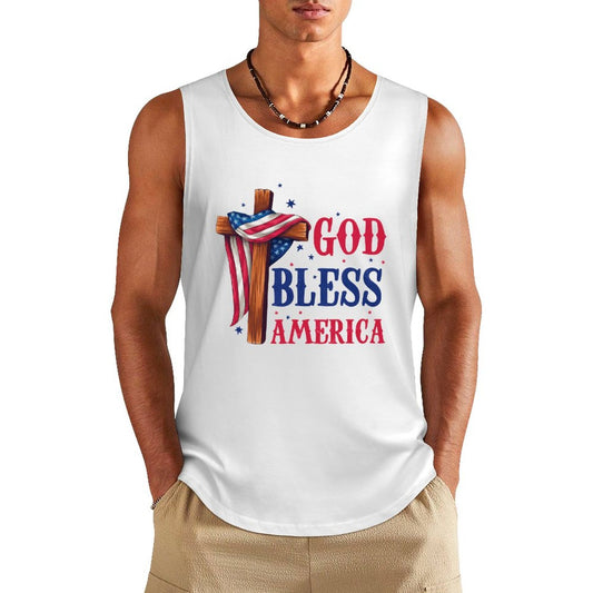 God Bless America Flag Over Cross Patriotic Men's Christian Tank Top