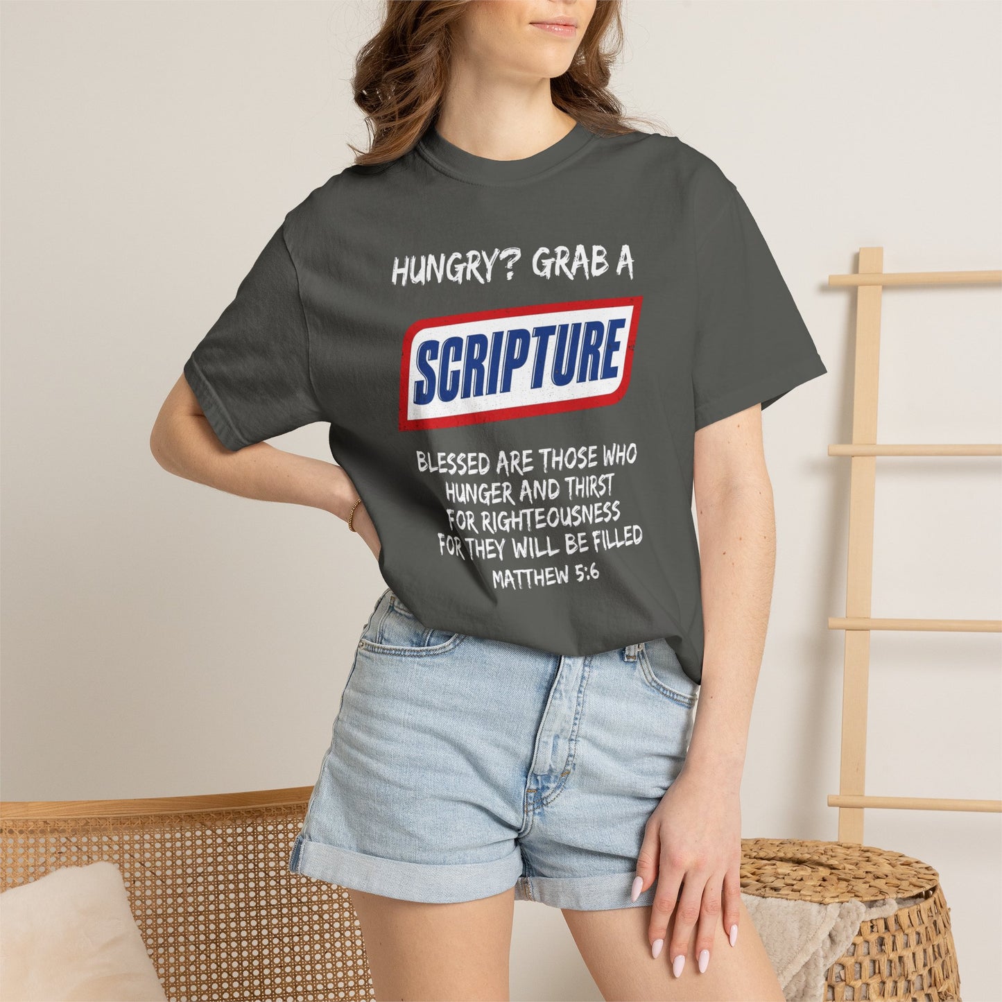Scripture Snack T-Shirt — "Hungry? Grab a Scripture" Matthew 5:6 Christian Tee