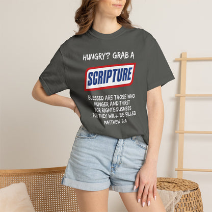 Scripture Snack T-Shirt — "Hungry? Grab a Scripture" Matthew 5:6 Christian Tee