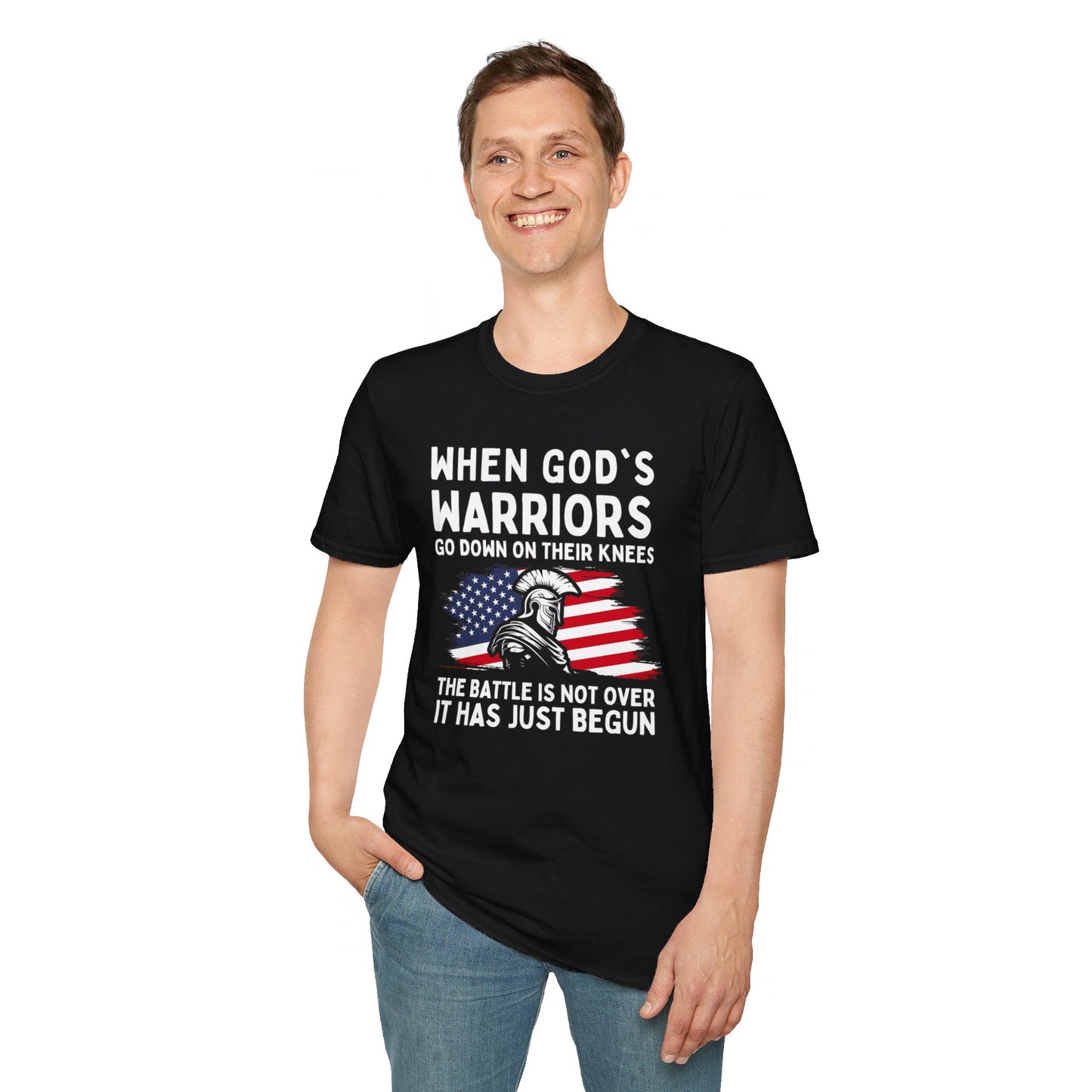 When God's Warriors Go Down On Their Knees The Battle Is Not Over Patriotic American Flag Christian Unisex T-shirt