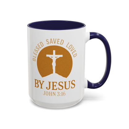 Inspirational Accent Coffee Mug - Blessed, Saved, Loved by Him | John 3:16