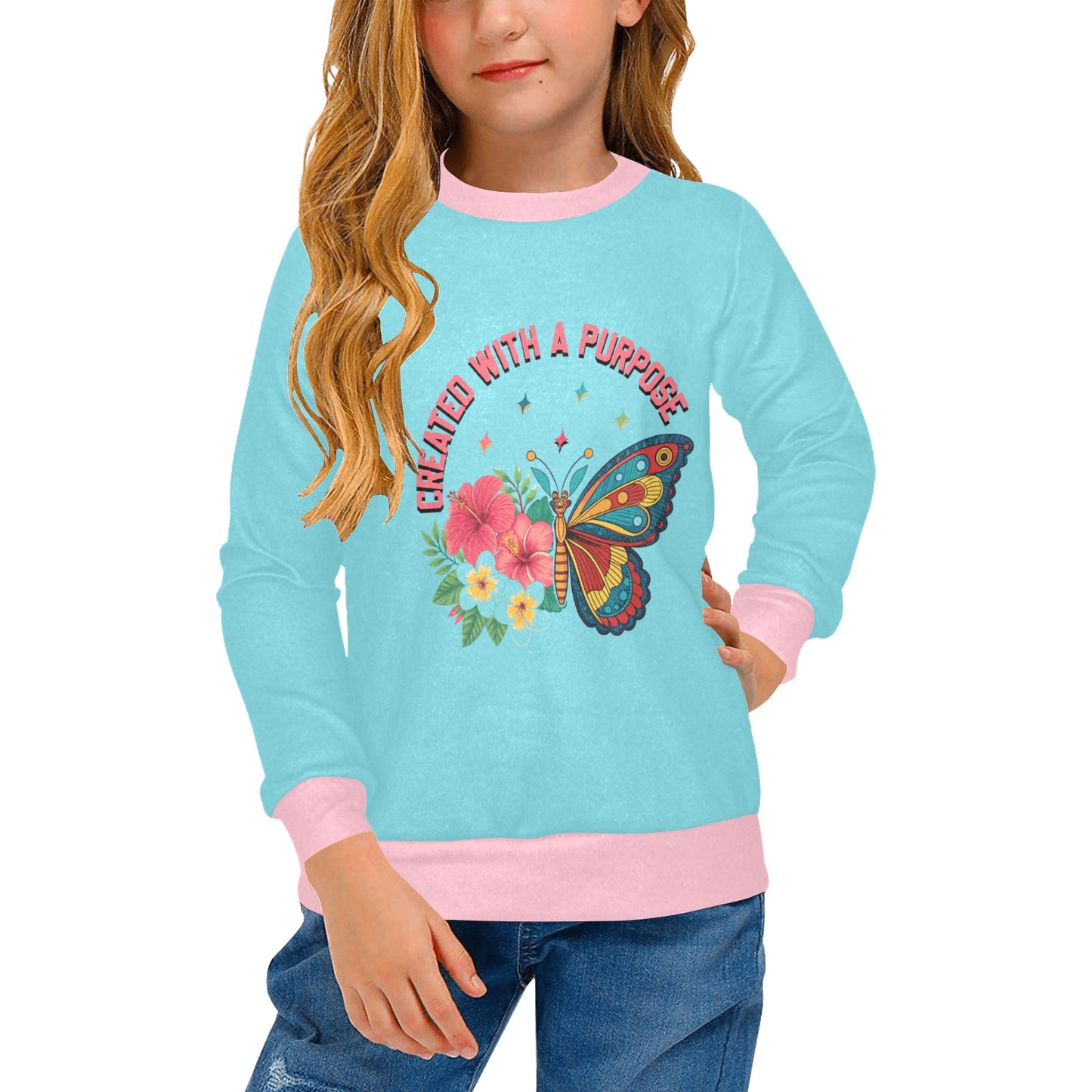 Created With A Purpose Girls' All Over Print Crew Neck Sweater - ClaimedbyGodDesigns