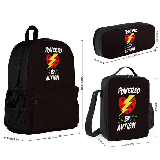 Powered By Autism Set of 3 Bags (Shoulder Bag Lunch Bag & Pencil Pouch)