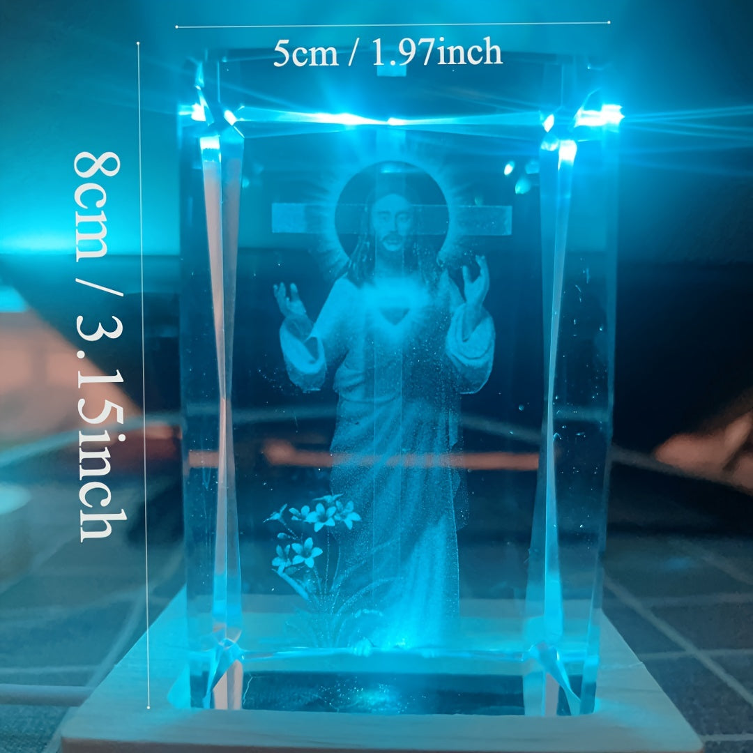 1pc Jesus & The Cross 3D Crystal Ornament Light Christian Gift Idea, With USB Color Light Base claimedbygoddesigns