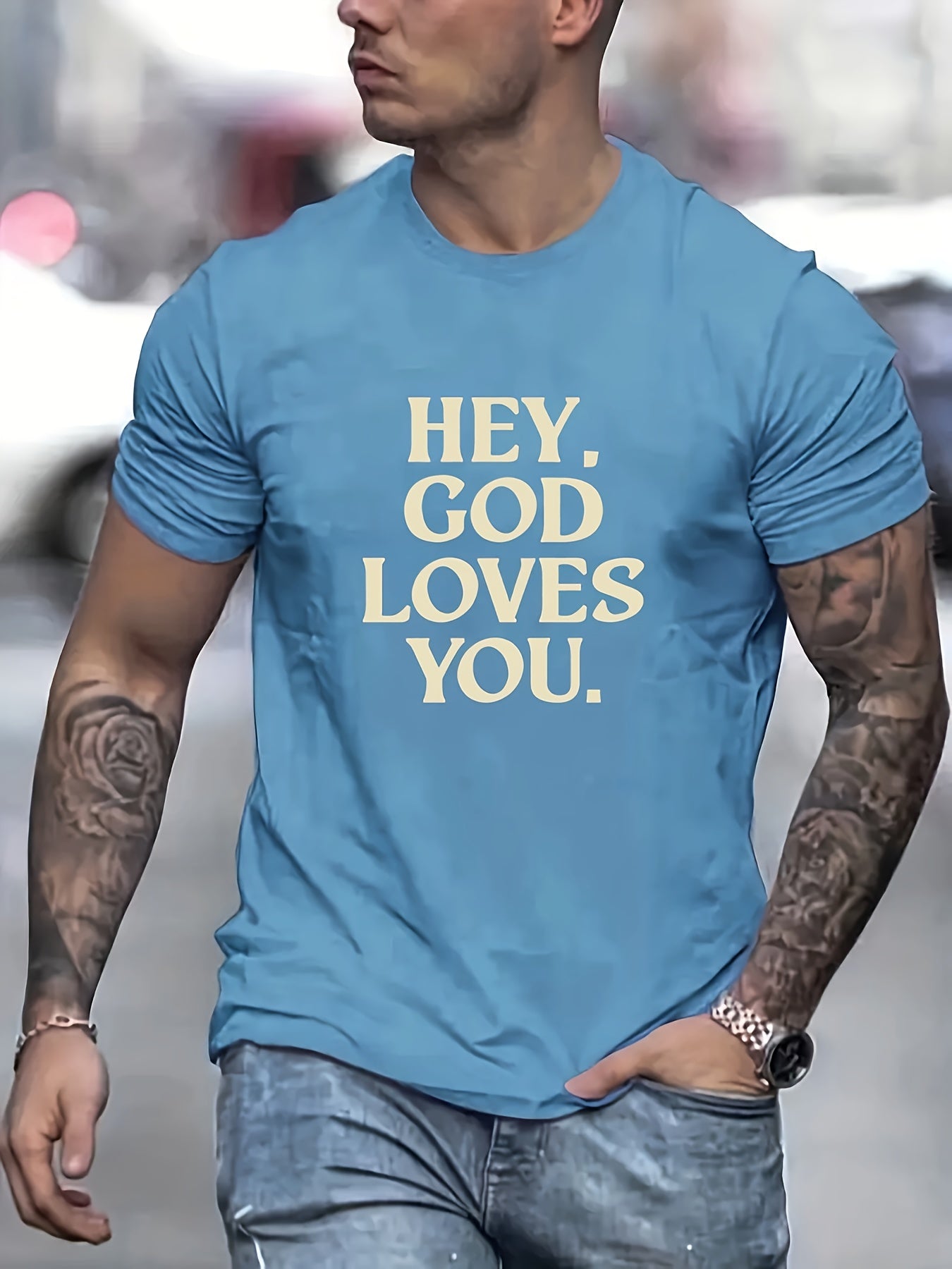 Hey God Loves You Men's Christian T-shirt claimedbygoddesigns