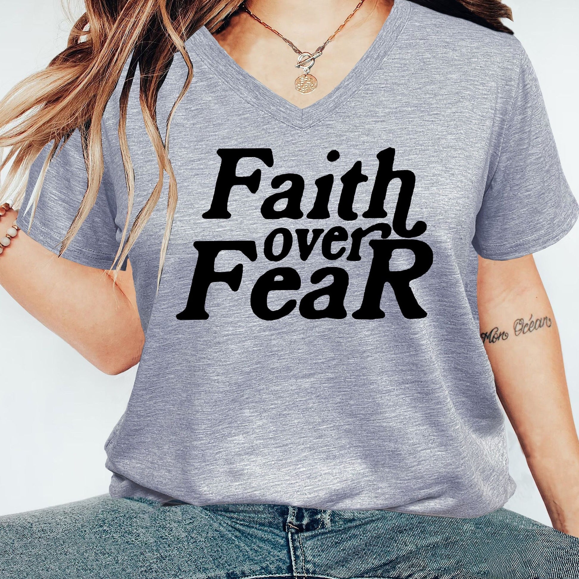 Faith Over Fear Women's Christian V Neck T-Shirt claimedbygoddesigns