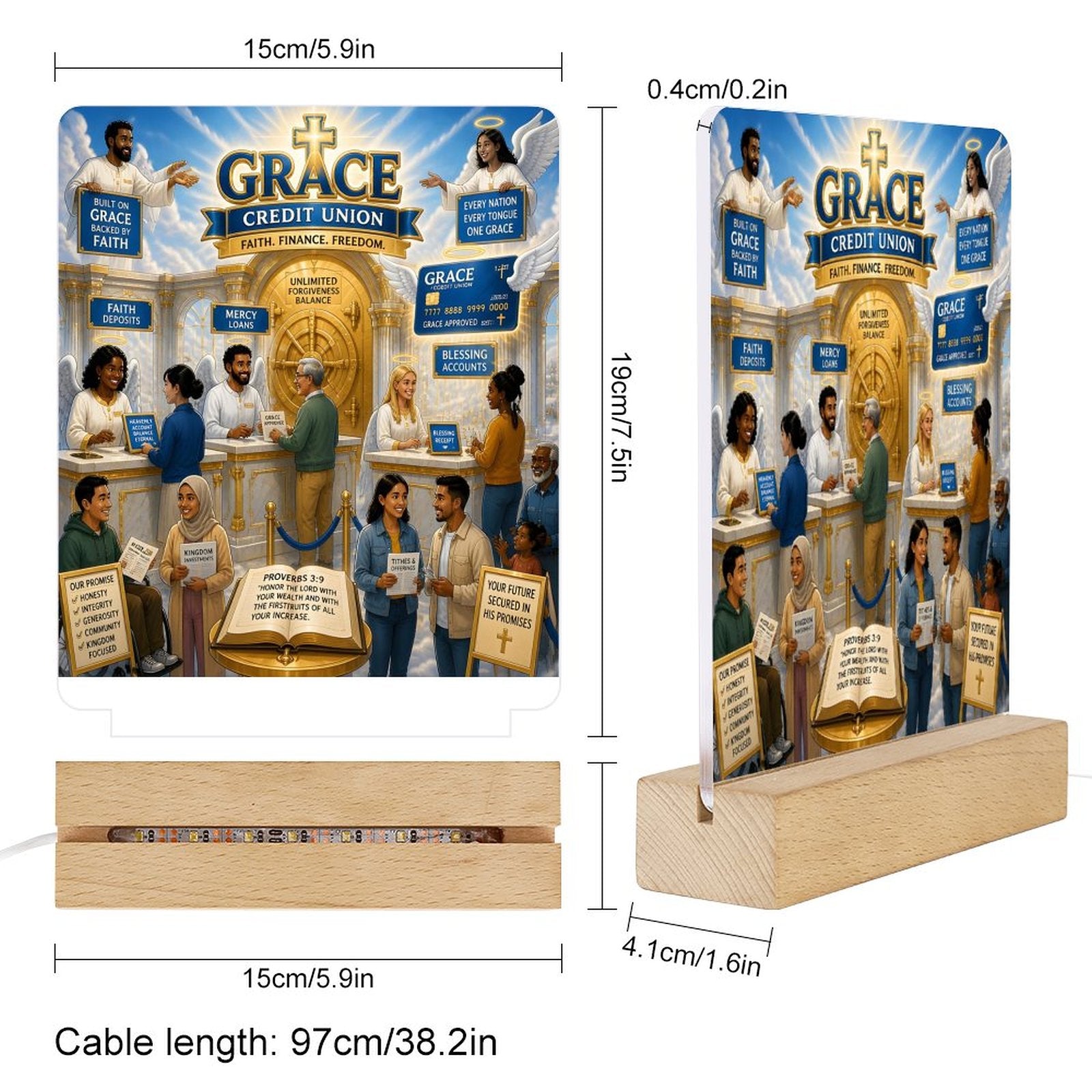 The Grace Credit Union Christian Acrylic Photo Night Light with Wooden Base - ClaimedbyGodDesigns
