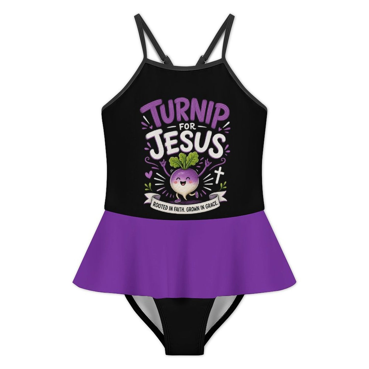 Turnip For Jesus Kids One‑Piece Ruffle Strap Christian Swimsuit