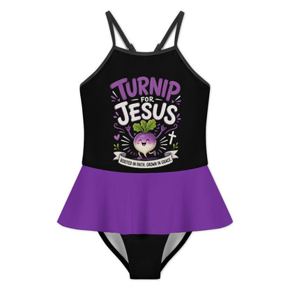 Turnip For Jesus Kids One‑Piece Ruffle Strap Christian Swimsuit