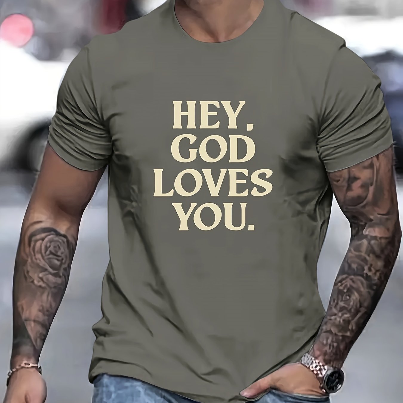Hey God Loves You Men's Christian T-shirt claimedbygoddesigns