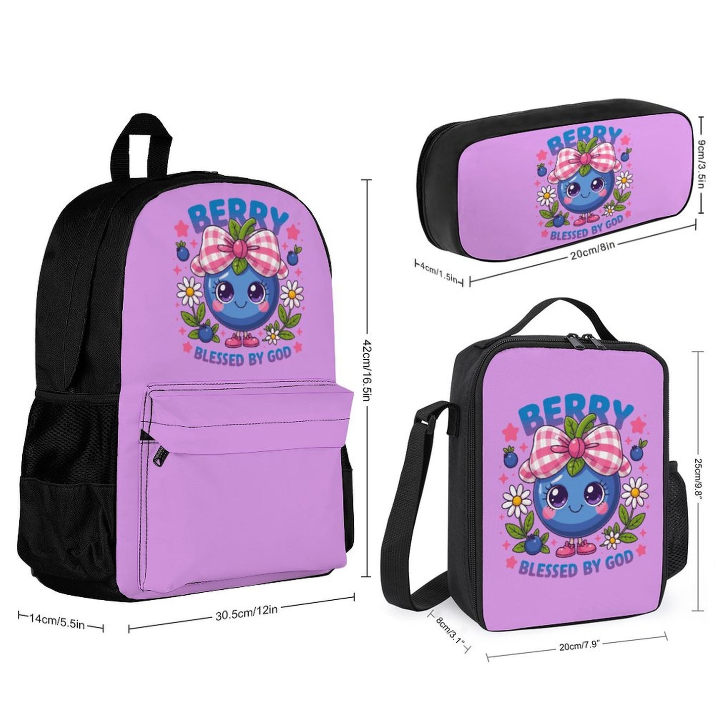 Berry Blessed Christian Backpack Set of 3 Bags (Shoulder Bag Lunch Bag & Pencil Pouch)