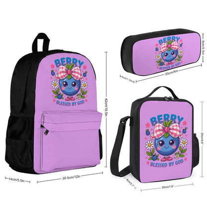 Berry Blessed Christian Backpack Set of 3 Bags (Shoulder Bag Lunch Bag & Pencil Pouch)