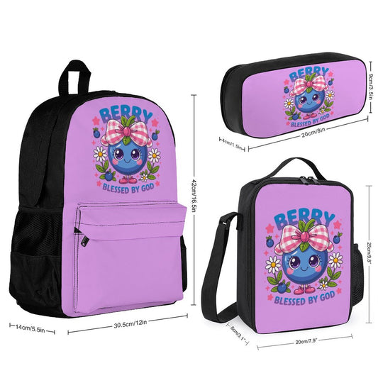 Berry Blessed Christian Backpack Set of 3 Bags (Shoulder Bag Lunch Bag & Pencil Pouch) - ClaimedbyGodDesigns