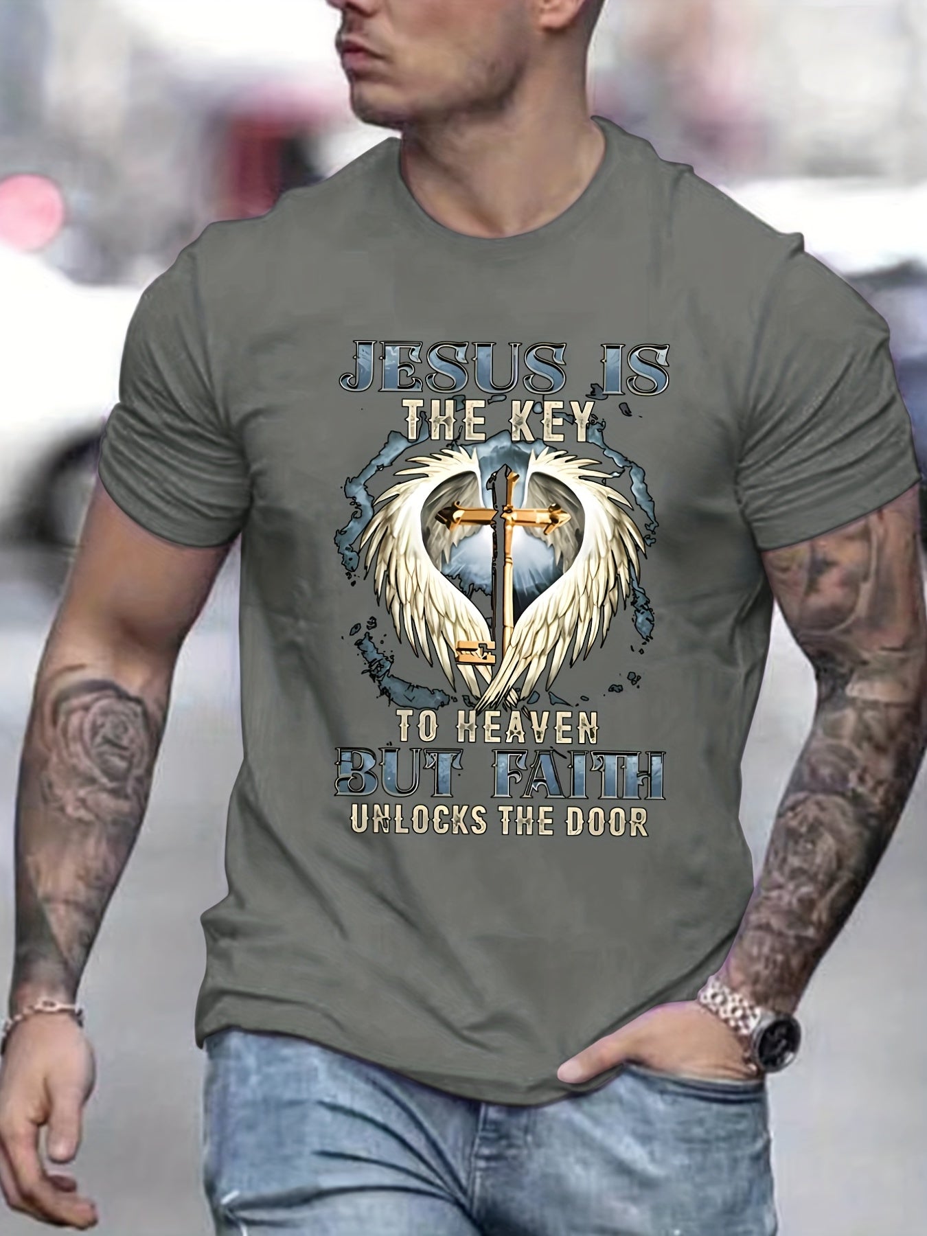 Jesus Is The Key To Heaven But Faith Unlocks The Door Men's Christian T-shirt claimedbygoddesigns