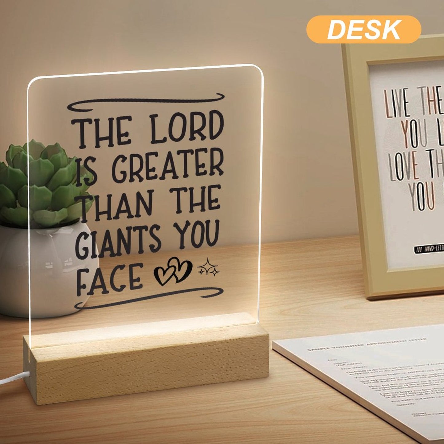 The Lord Is Greater Than The Giants You Face Christian Acrylic Night Light with Wooden Base Christian Gift idea