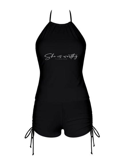She Is Worthy Women's Christian Tankini Swimsuit with Shorts - ClaimedbyGodDesigns