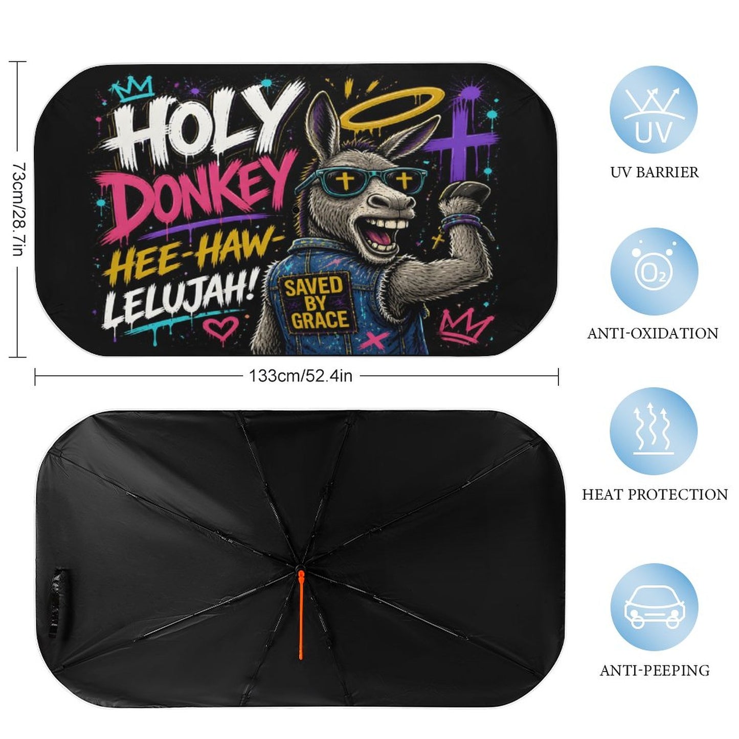 Holy Donkey — Hee‑Haw‑lelujah Christian Car Sunshade Umbrella - ClaimedbyGodDesigns