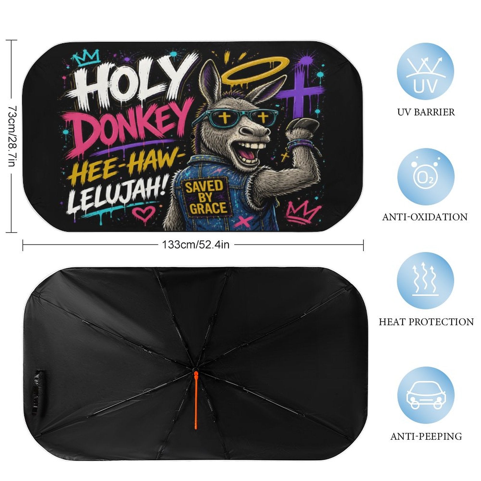 Holy Donkey — Hee‑Haw‑lelujah Christian Car Sunshade Umbrella - ClaimedbyGodDesigns