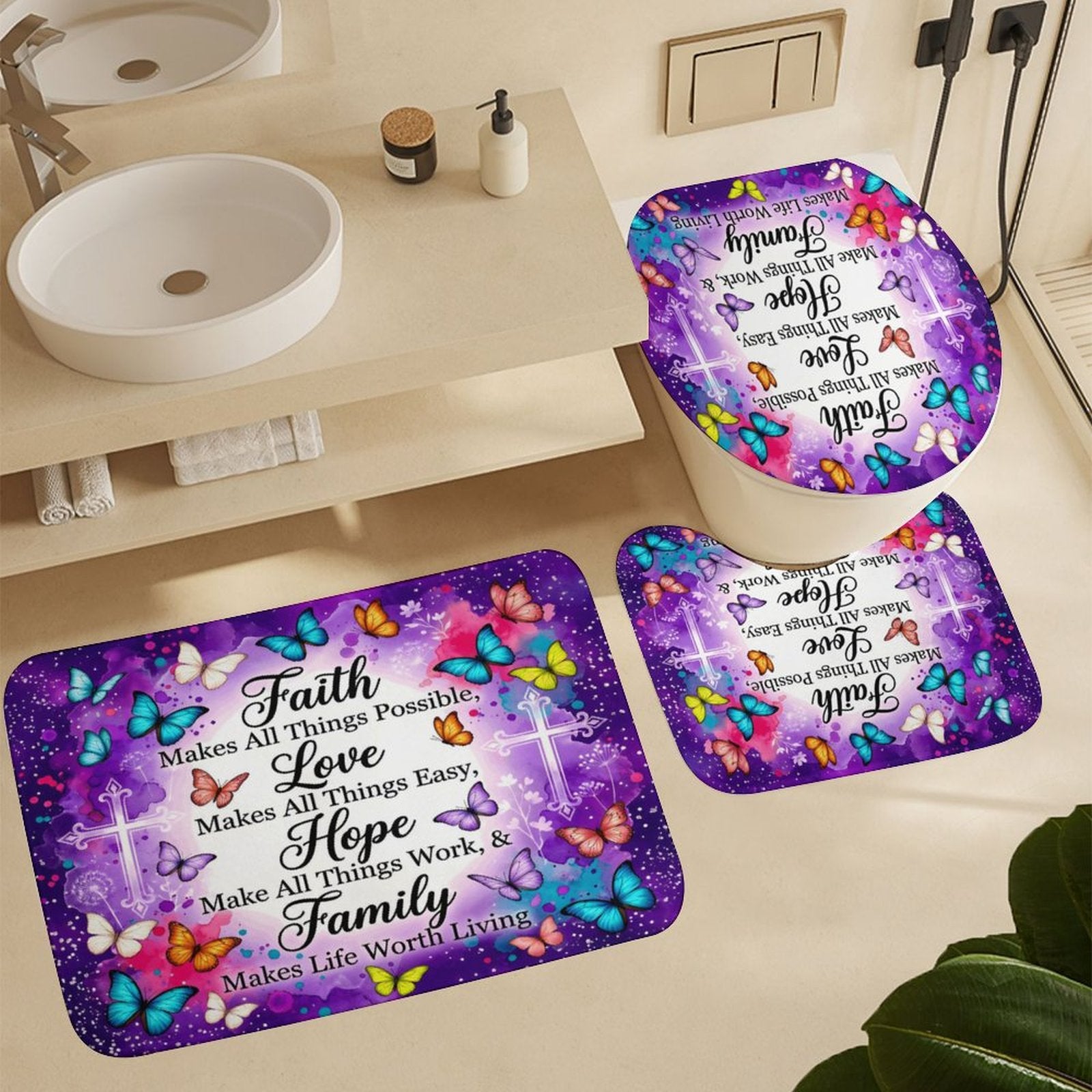 Faith Love Hope Family Christian Shower Curtain Set with a bath rug, a contour rug and a toilet lid - ClaimedbyGodDesigns
