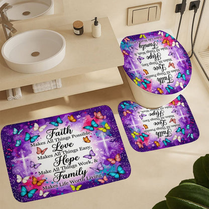 Faith Love Hope Family Christian Shower Curtain Set with a bath rug, a contour rug and a toilet lid - ClaimedbyGodDesigns