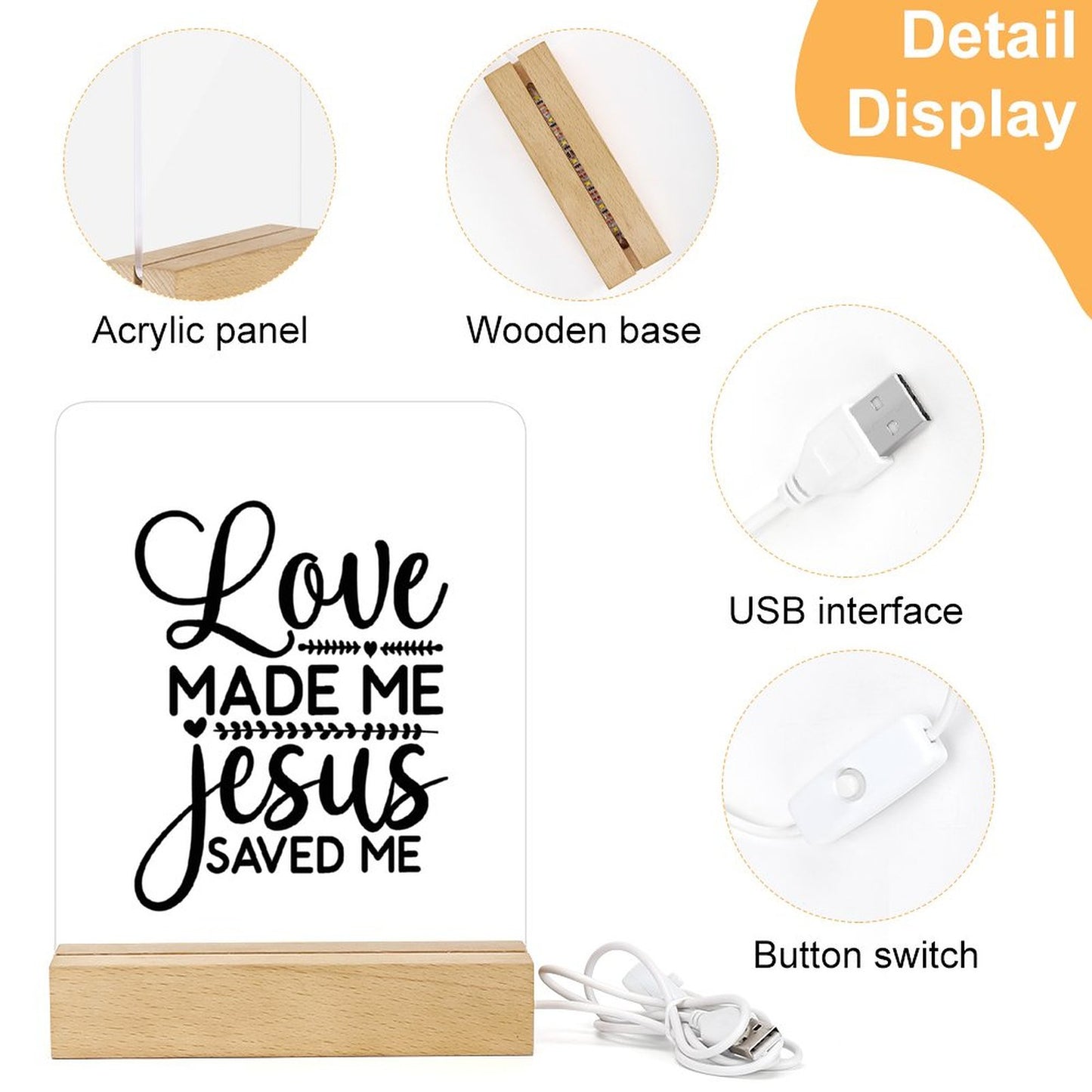 Love Made Me Jesus Saved Me Christian Acrylic Night Light with Wooden Base Christian Gift Idea