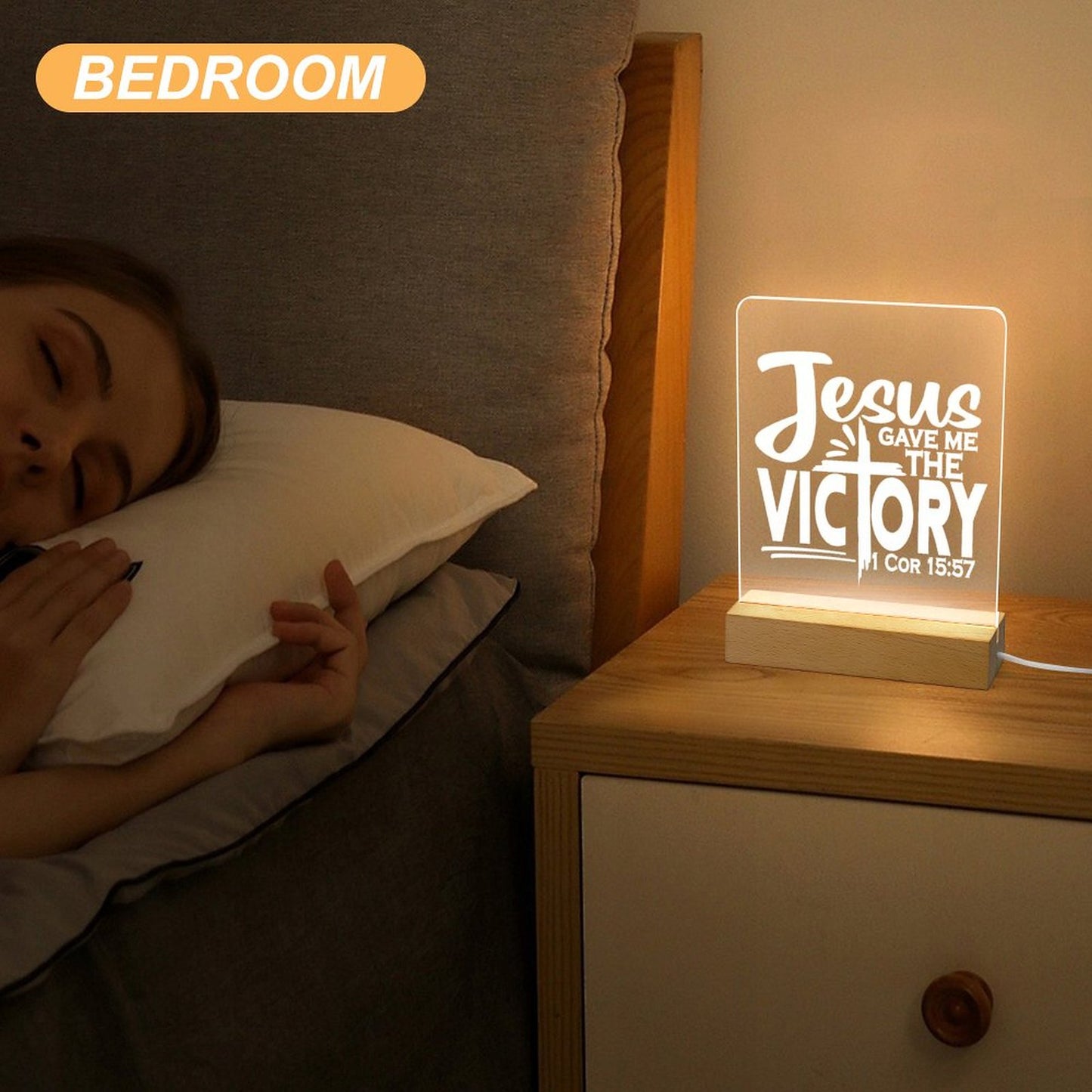 Jesus Gave Me The Victory Christian Acrylic Night Light with Wooden Base Christian Gift Idea