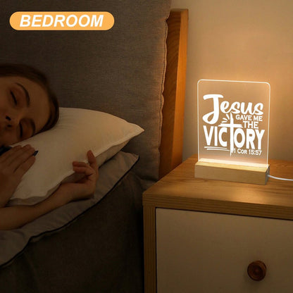 He Gave Me The Victory Christian Acrylic Night Light with Wooden Base Christian Gift Idea