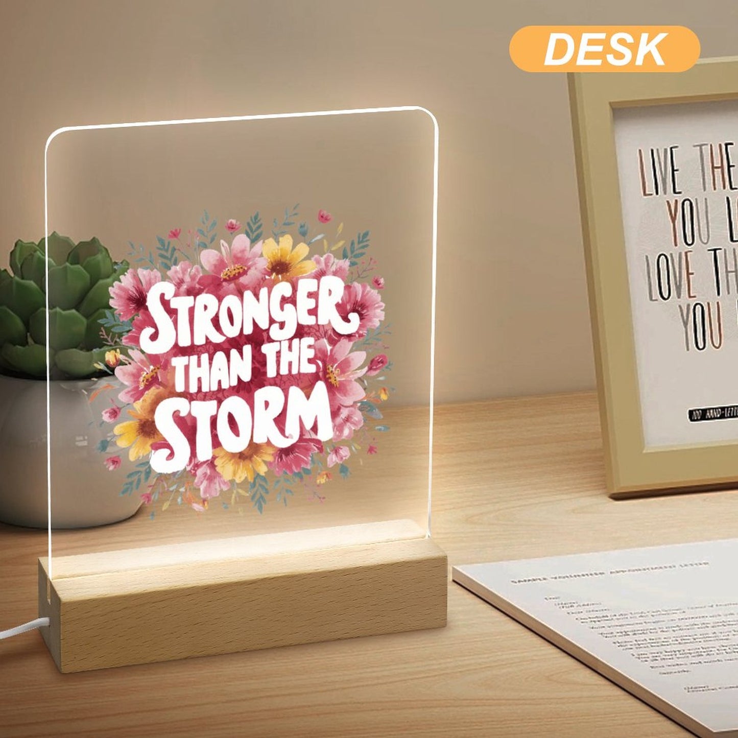 Stronger Than The Storm Christian Acrylic Night Light with Wooden Base Christian Gift Idea