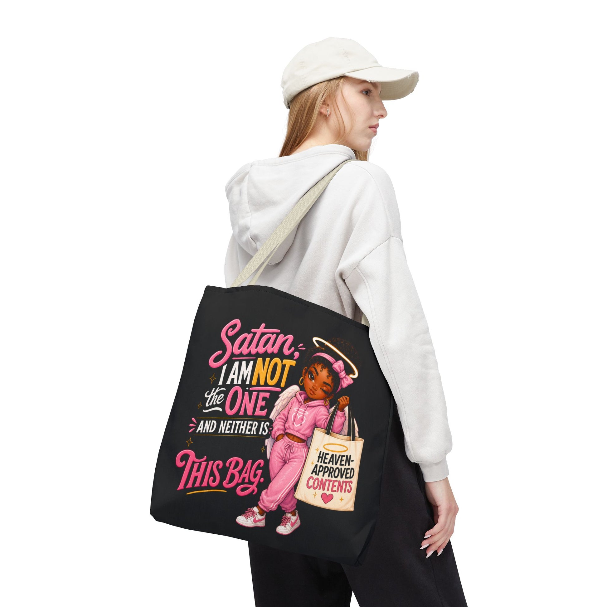 Tote Bag — "Satan I Am Not The One" Retro Angel Girl Tote (Heaven Approved Content) - ClaimedbyGodDesigns