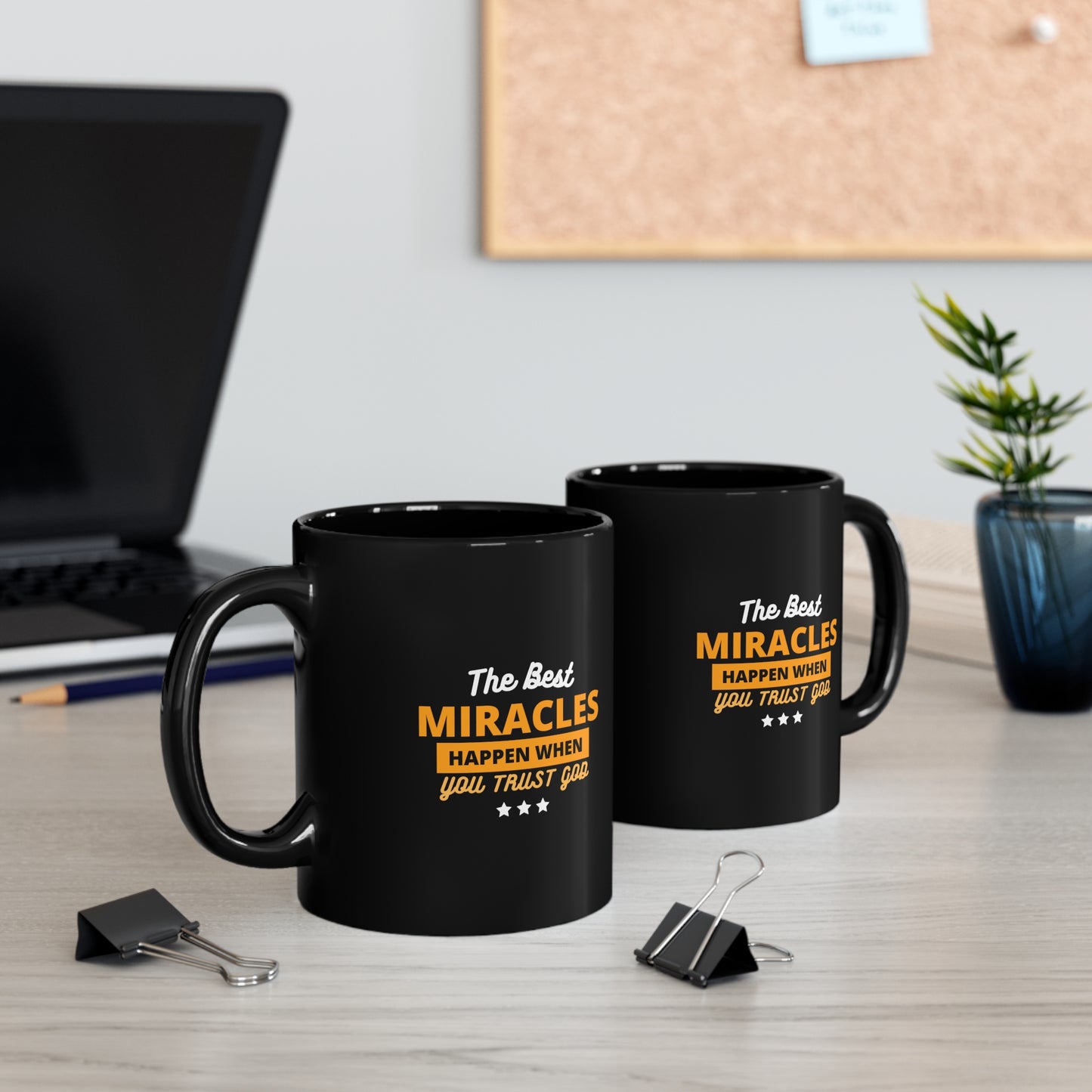 The Best Miracles Happen When You Trust God Black Ceramic Mug 11oz (double sided printing) Printify