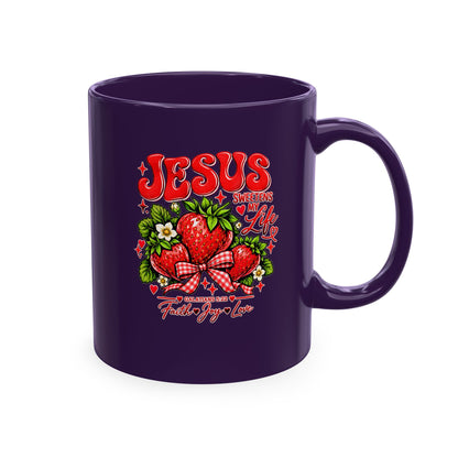 Ceramic Mug — "Jesus Sweetens My Life" Strawberry Faith Coffee Cup