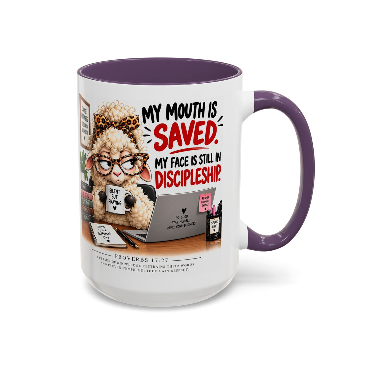 Saved & Sassy Sheep Coffee Mug — "My Mouth Is Saved, My Face Is Still In Discipleship" Accent Mug