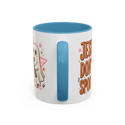 Accent Coffee Mug — "Jesus Don't Spook!" Cute Ghost Christian Coffee Mug (11/15oz)