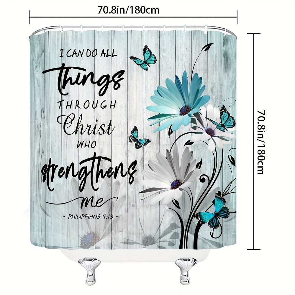 1pc I Can Do All Things Through Christ (Daisy Flower Butterfly) Christian Shower Curtain With Hooks claimedbygoddesigns