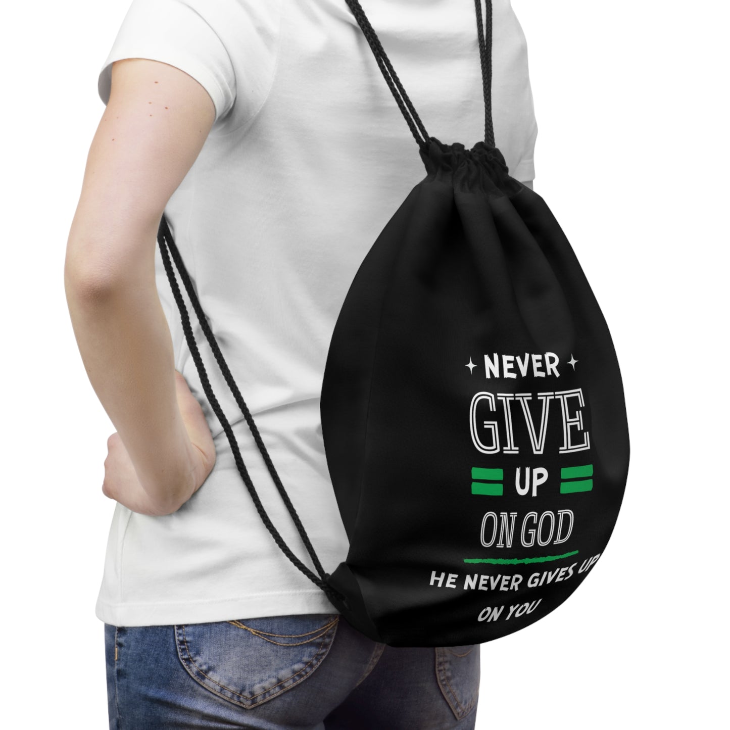 Never Give Up On God He Never Gives Up On YouDrawstring Bag Printify