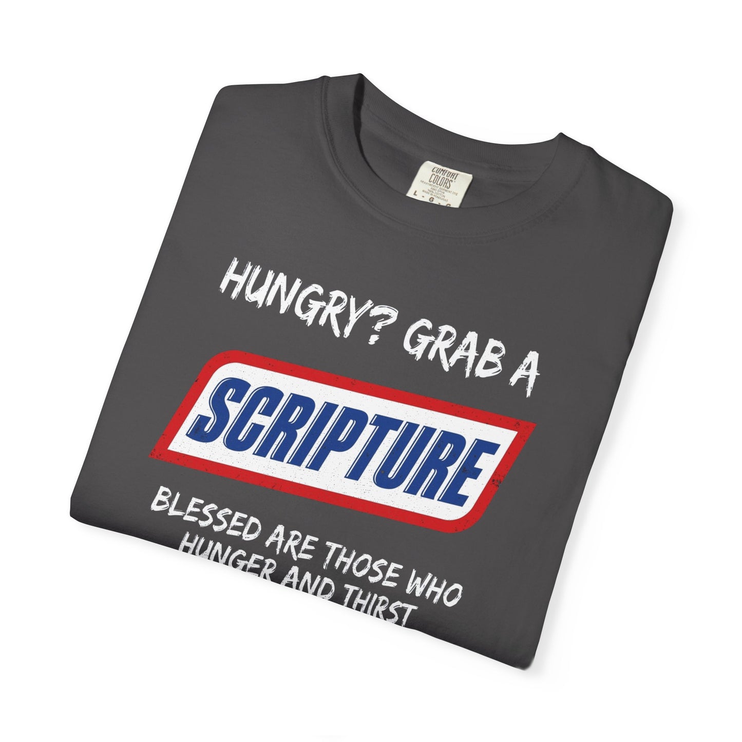 Scripture Snack T-Shirt — "Hungry? Grab a Scripture" Matthew 5:6 Christian Tee
