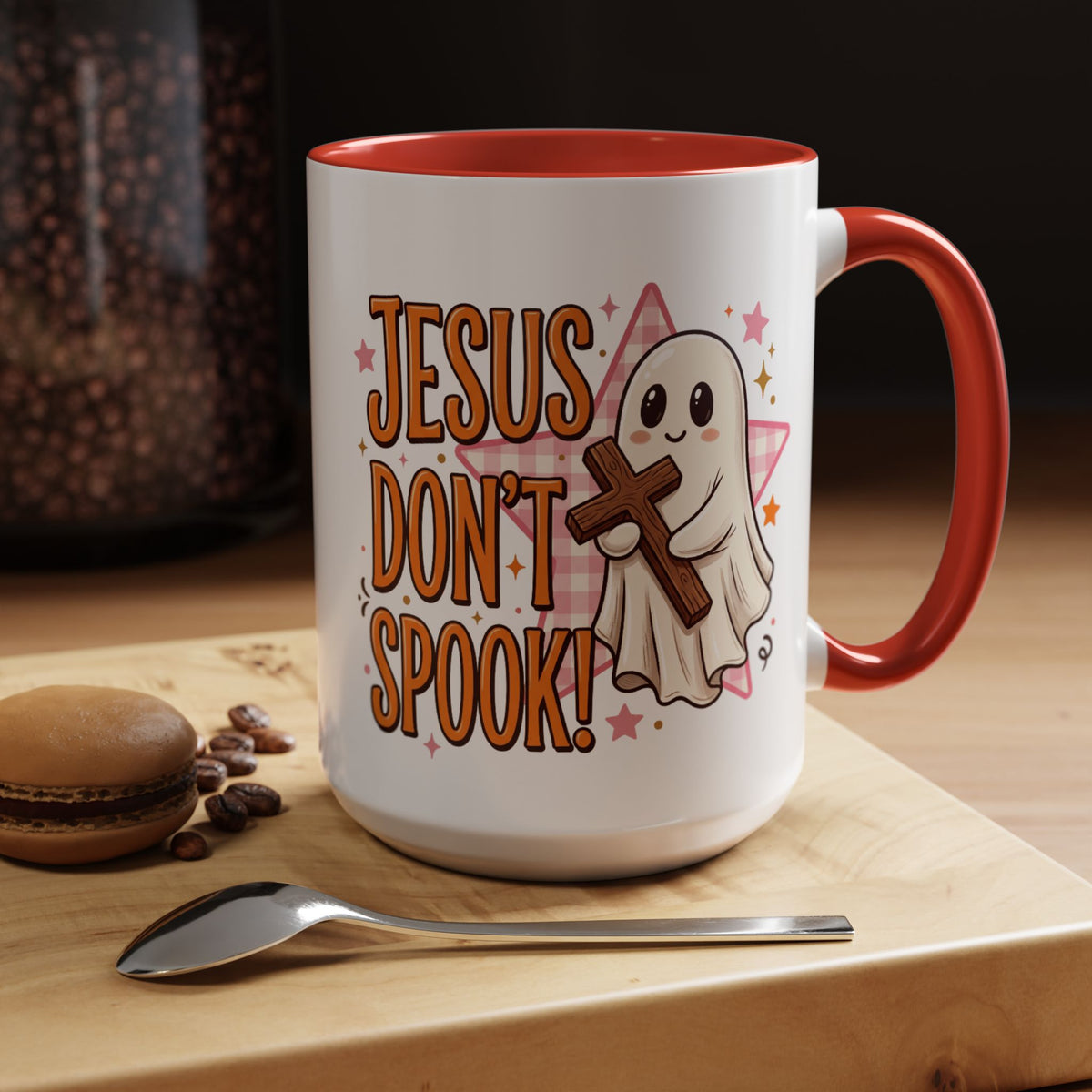 Accent Coffee Mug — "Jesus Don't Spook!" Cute Ghost Christian Coffee Mug (11/15oz)
