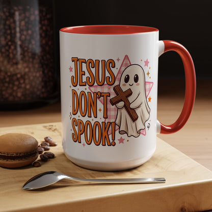 Accent Coffee Mug — "Jesus Don't Spook!" Cute Ghost Christian Coffee Mug (11/15oz)