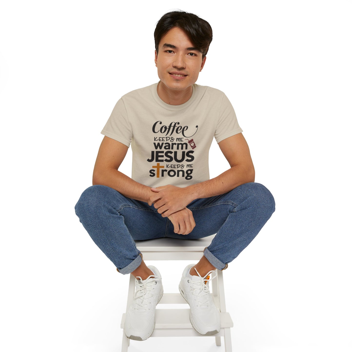 COFFEE KEEPS ME WARM JESUS KEEPS ME STRONG FUNNY Unisex Christian Ultra Cotton Tee Printify