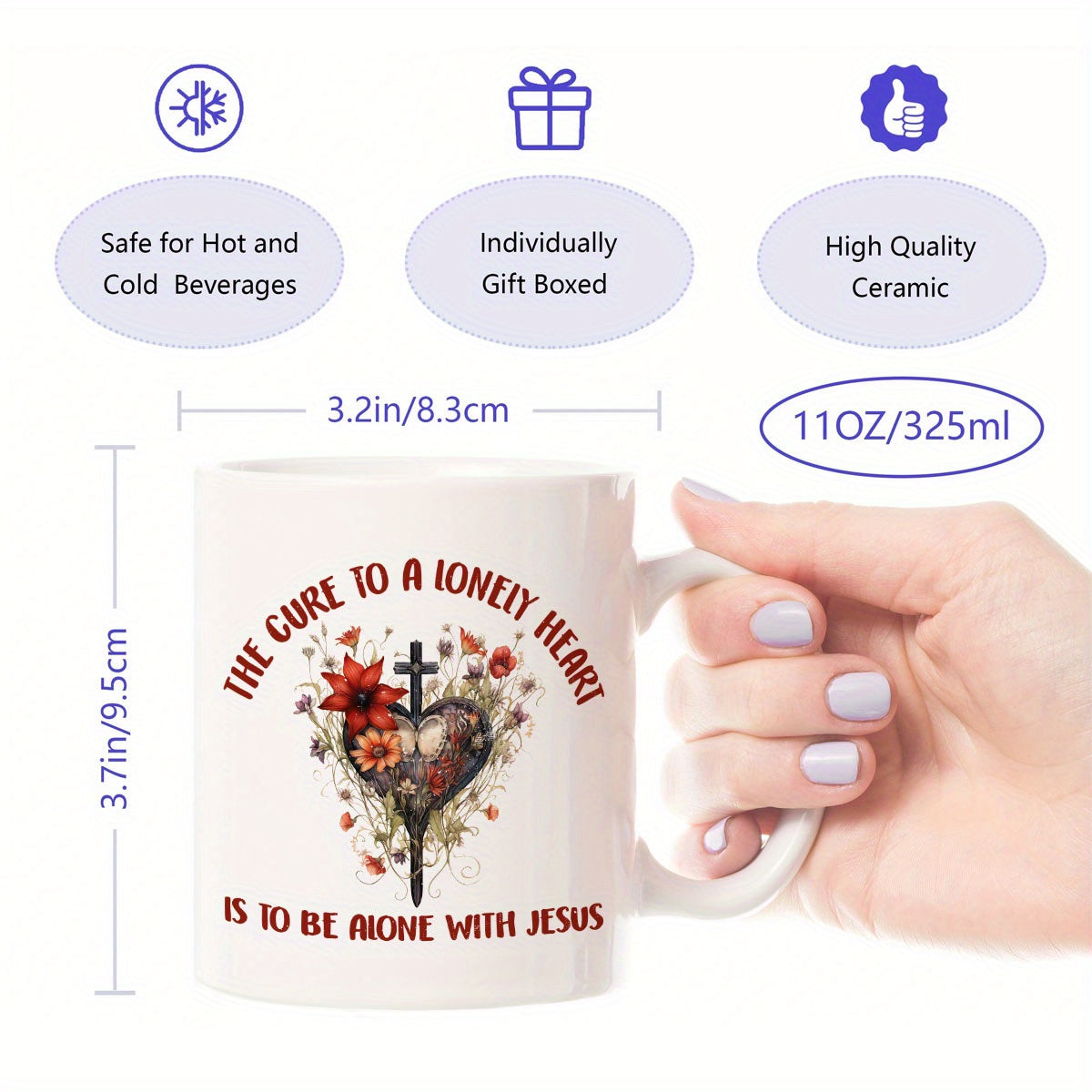 The Cure To A Lonely Heart Is To Be Alone With Jesus Christian White Ceramic Mug, 11oz claimedbygoddesigns