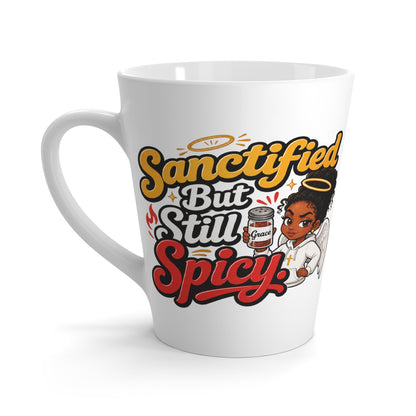 Latte Mug - "Sanctified But Still Spicy" Angel Illustration Coffee Cup - ClaimedbyGodDesigns