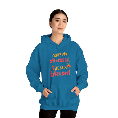 Pumpkin Obsessed And Blessed by Him Halloween Unisex Christian Pullover Hooded Sweatshirt