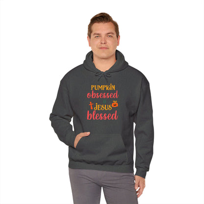 Pumpkin Obsessed And Blessed by Him Halloween Unisex Christian Pullover Hooded Sweatshirt