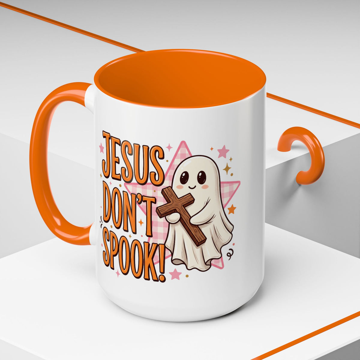 Accent Coffee Mug — "Jesus Don't Spook!" Cute Ghost Christian Coffee Mug (11/15oz)