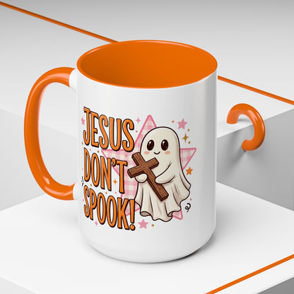 Accent Coffee Mug — "Jesus Don't Spook!" Cute Ghost Christian Coffee Mug (11/15oz)