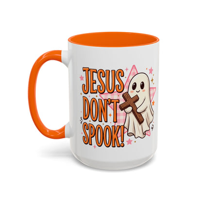 Accent Coffee Mug — "Jesus Don't Spook!" Cute Ghost Christian Coffee Mug (11/15oz)
