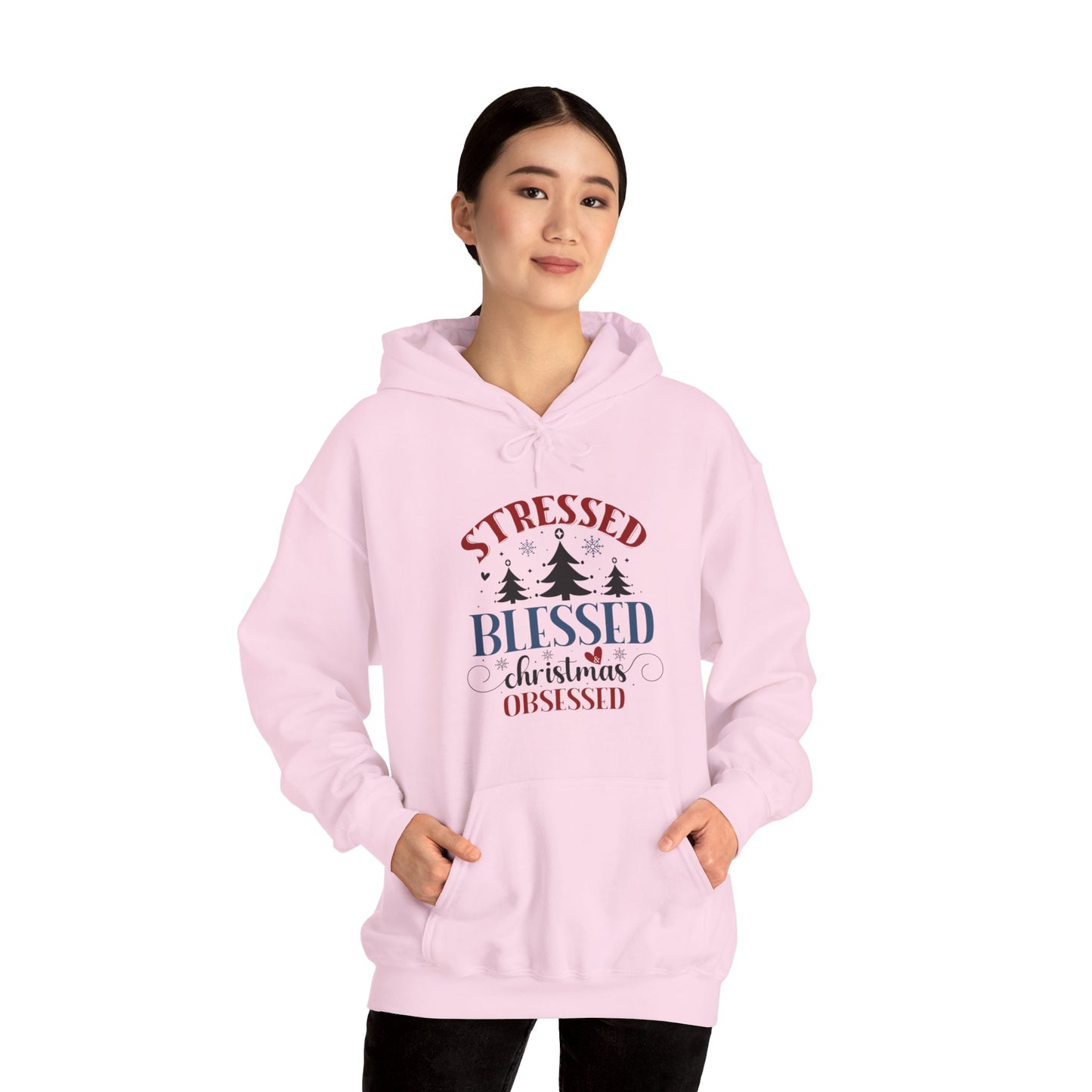 Stressed Blessed Christmas Obsessed Unisex Christian Hooded Pullover Sweatshirt