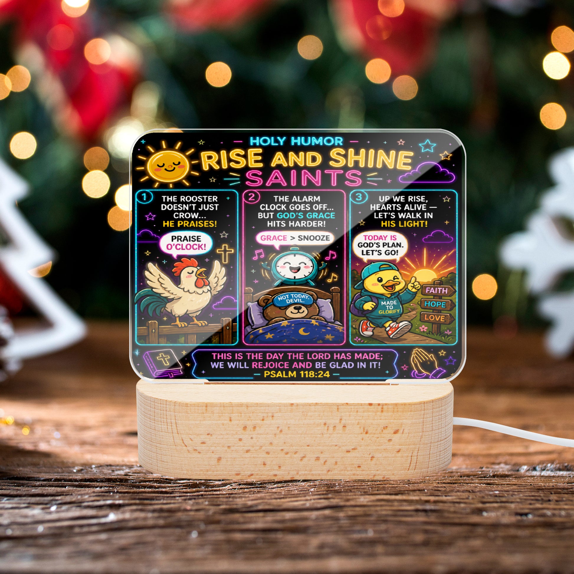 Rise And Shine Saints Christian Square Acrylic Nigh Light - Luminous Base - ClaimedbyGodDesigns
