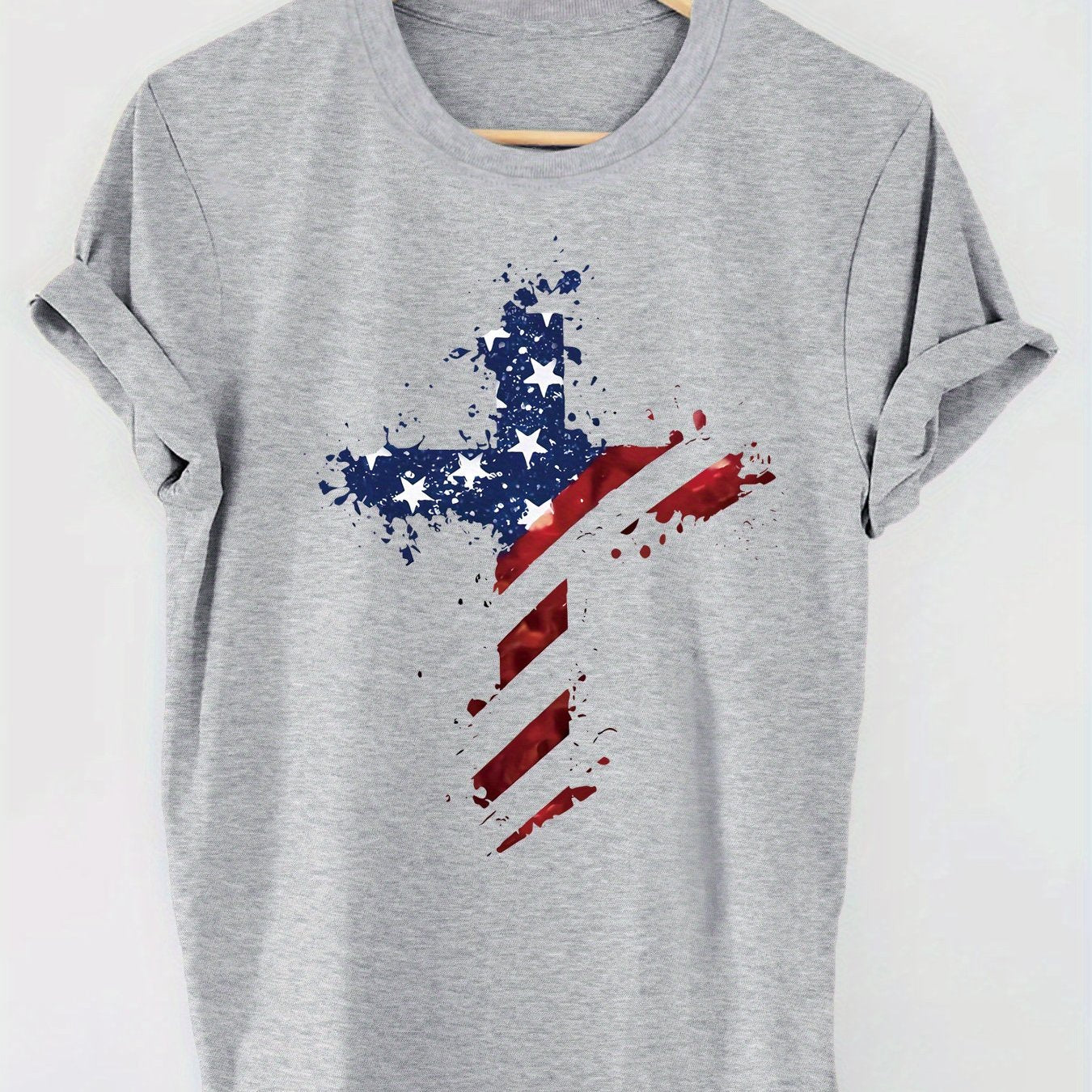 Patriotic American Flag Cross Women's Christian T-shirt claimedbygoddesigns