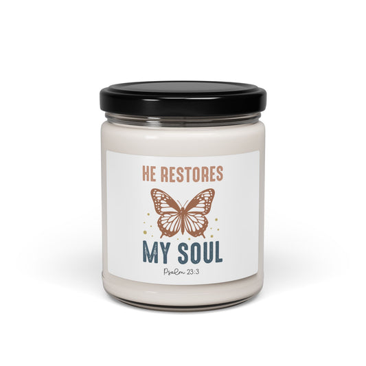 Inspirational Scented Soy Christian Candle - "He Restores My Soul" (Psalm 23:3) - 9oz